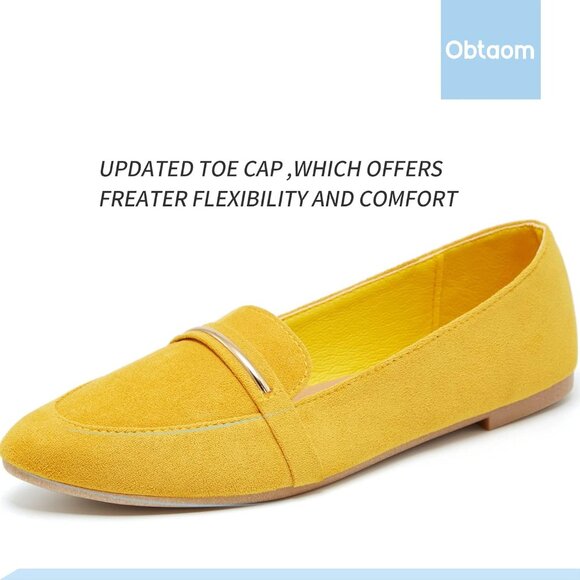 Obtaom Women's Mustard Faux Leather Pointed Toe Slip On Loafer Ballet Flat - Picture 3 of 7